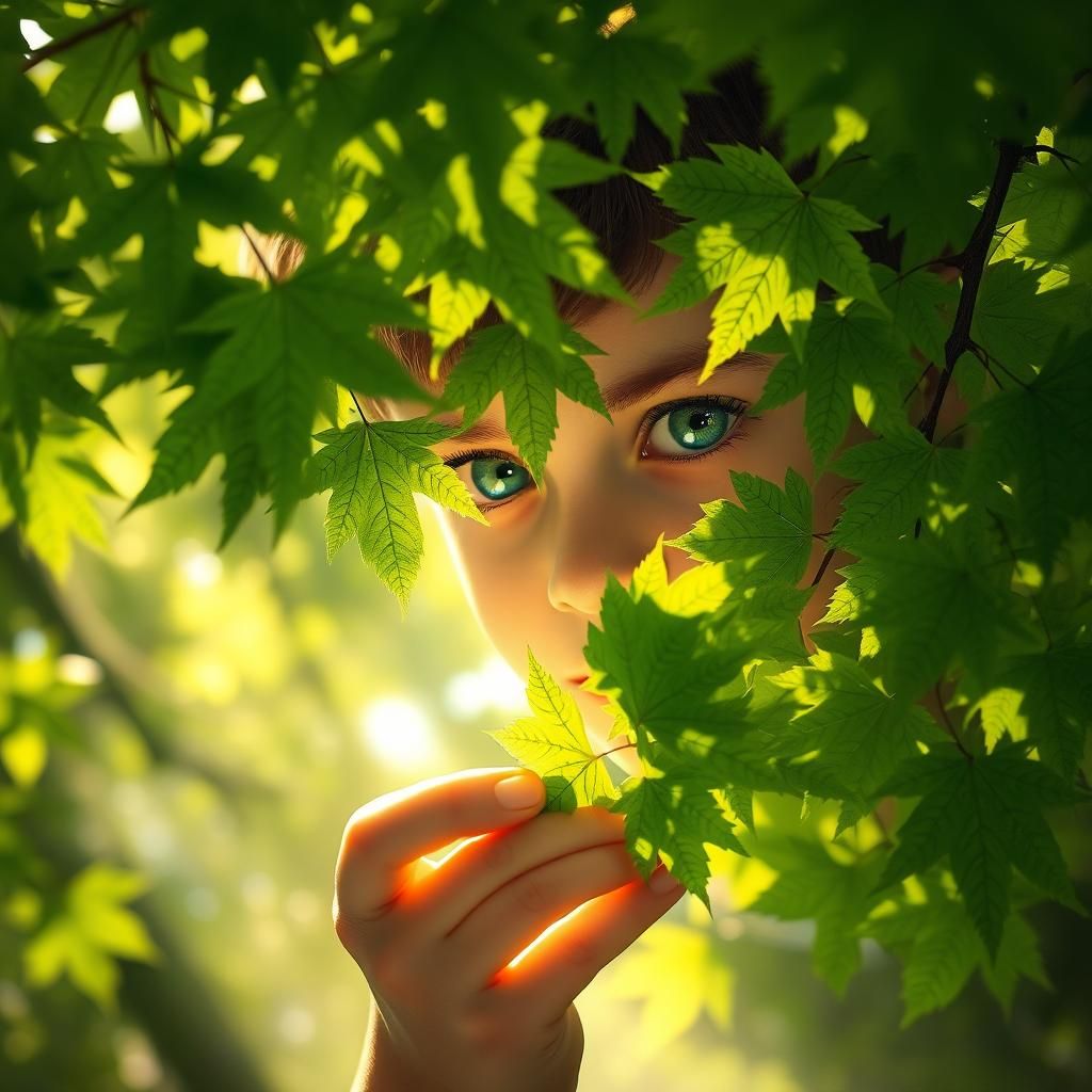 Boy's Sapphire Eyes Hidden Under Maple Leaves