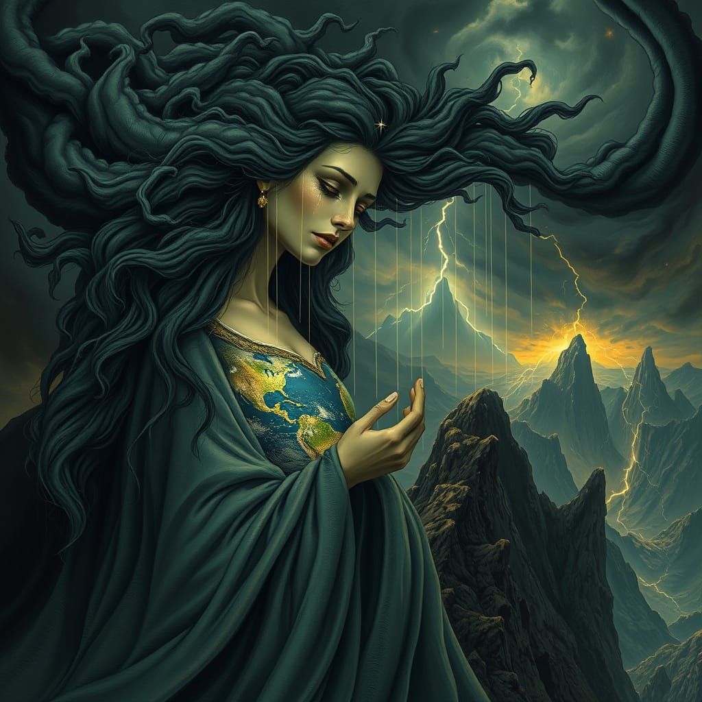 Sorrowful Goddess Descends Amidst Stormy Landscapes