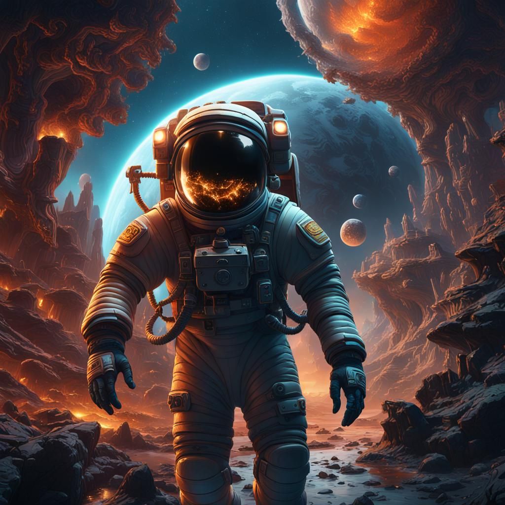 Astronaut in Fantastical Landscape, Detailed Matte Painting