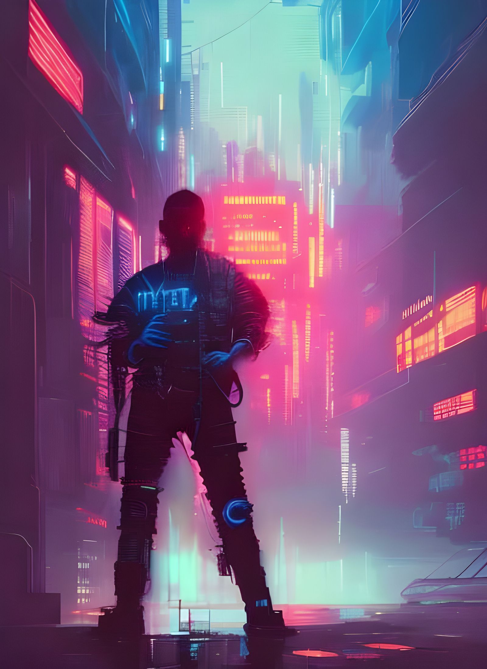 Cyberpunk Bounty Hunter in Neon Space Station