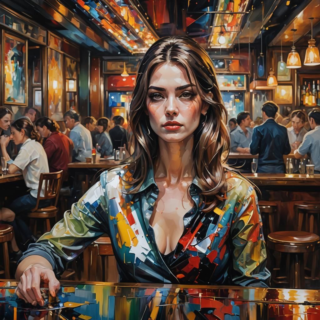 Abstract Woman in Bar Scene: Oil Painting
