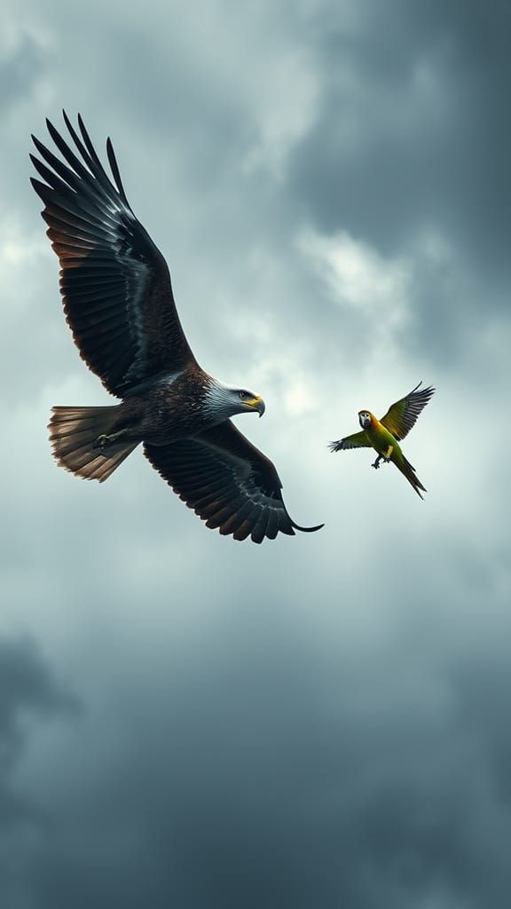 Sad Eagle and Parrot Fly Through Stormy Sky