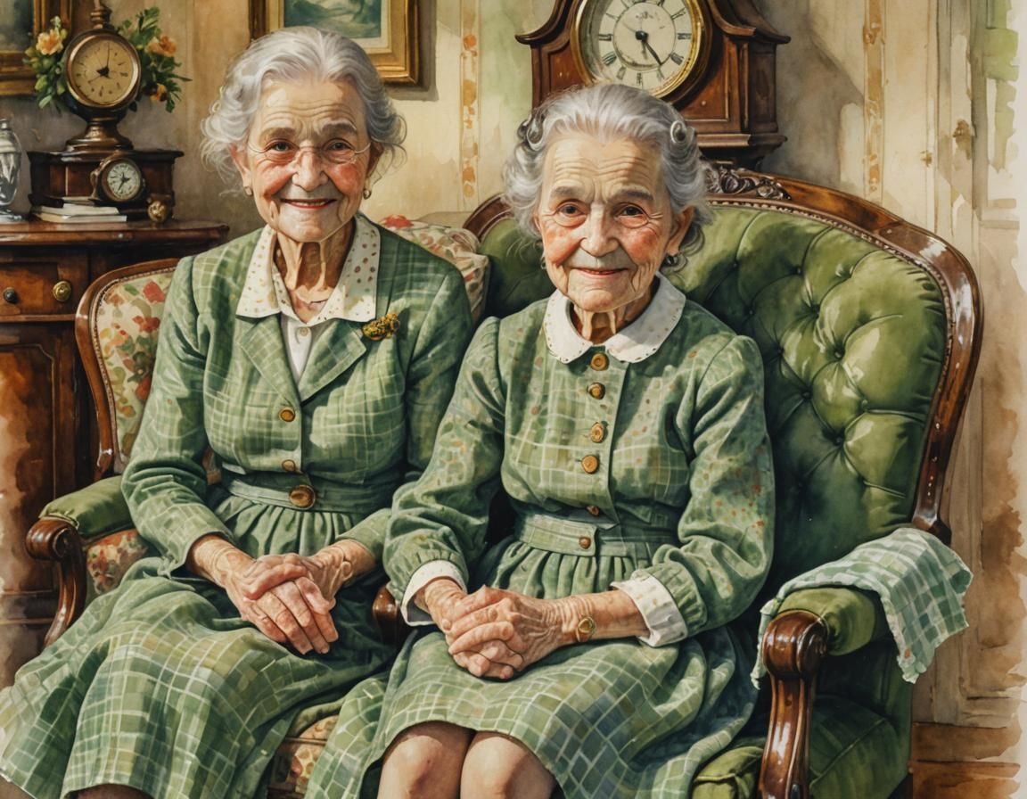 Watercolor Pointillist Girl with Grandmother Portrait