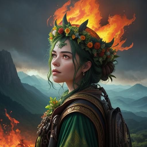 Epic Nature Woman Confronts Fiery Landscape