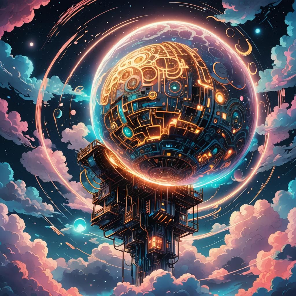 Mystical Lunar Machine in Neon Anime Style