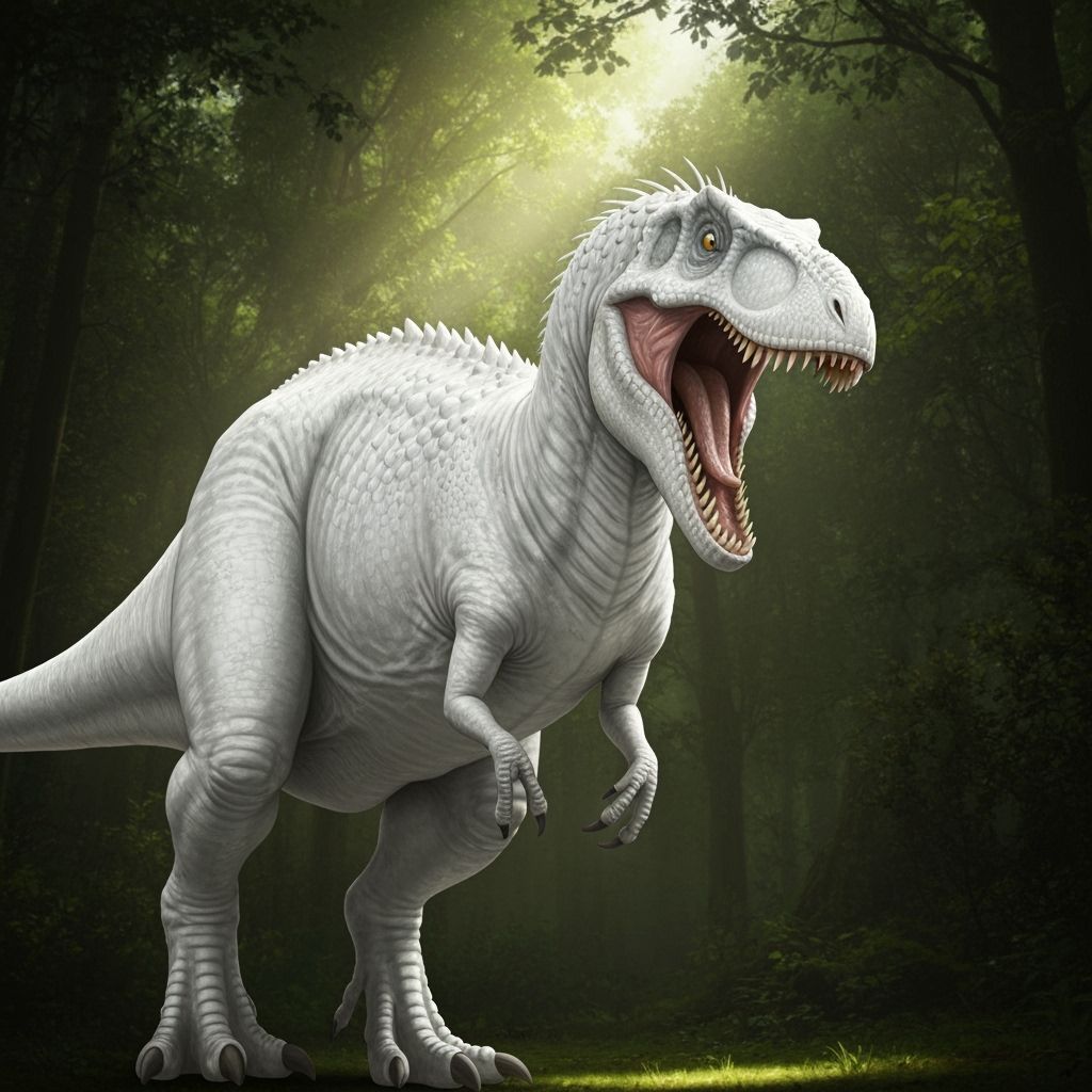 Fearsome White Theropod Dinosaur in Lush Forest