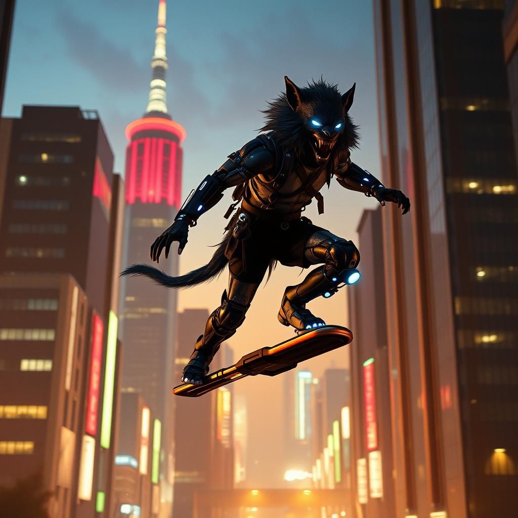 Cybernetic Werewolf Leaps Through Cityscape in Cyberpunk Sty...