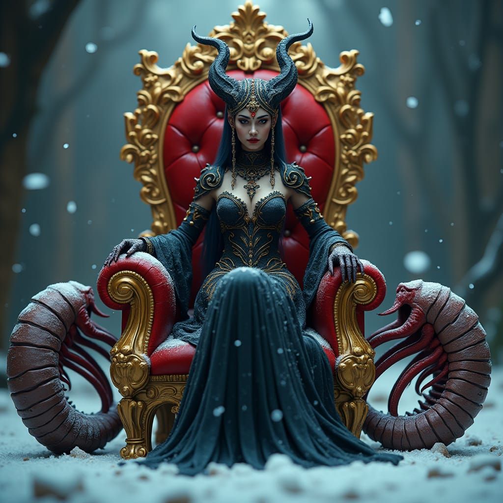 Gothic Goddess Kali on Ruby Throne in Snow