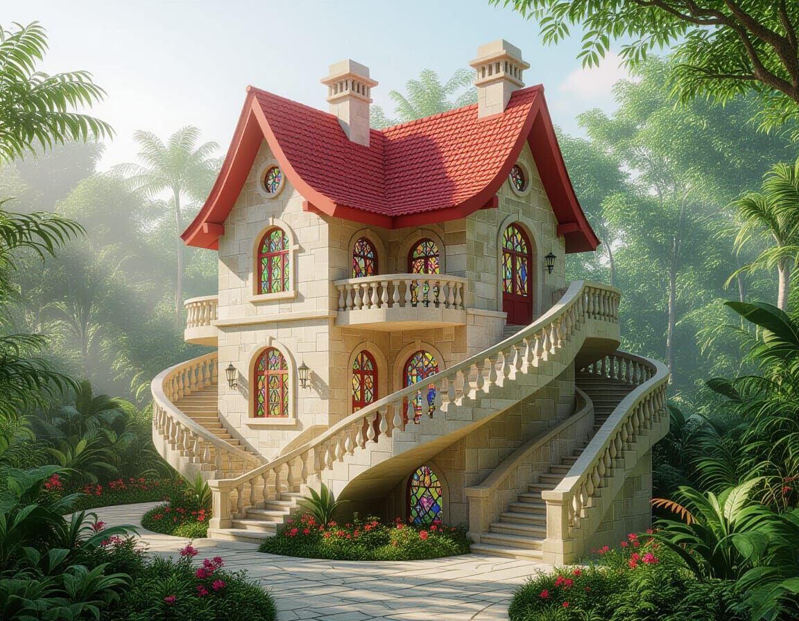 Surreal Sandstone House with Labyrinth Stairs as Pop Art