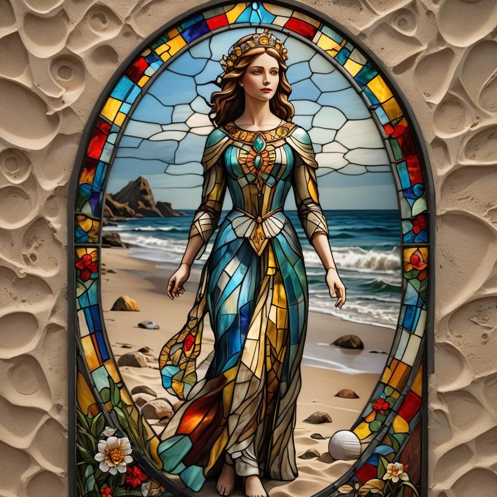 Photorealistic Image, A 3D rendered image of a stained glass...