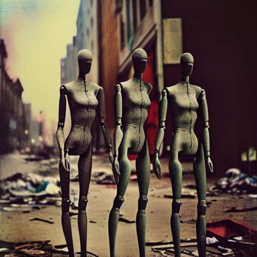 Post-Apocalyptic Mannequins in Decaying Cityscape