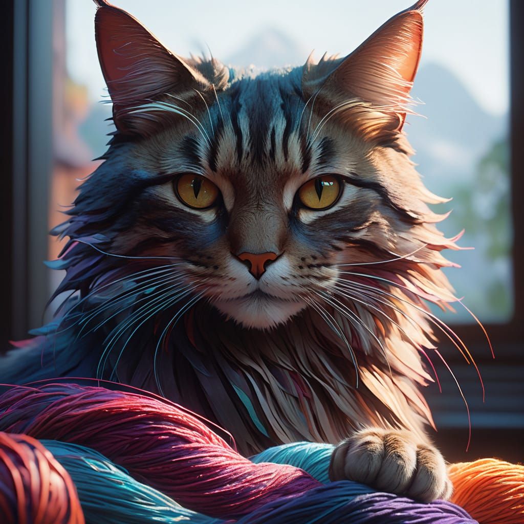 Vibrant Whimsical Cat Plays with Colorful Yarns