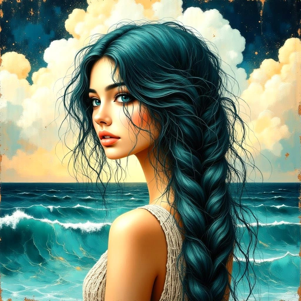 Teal Braided Hair Portrait with Turquoise Ocean