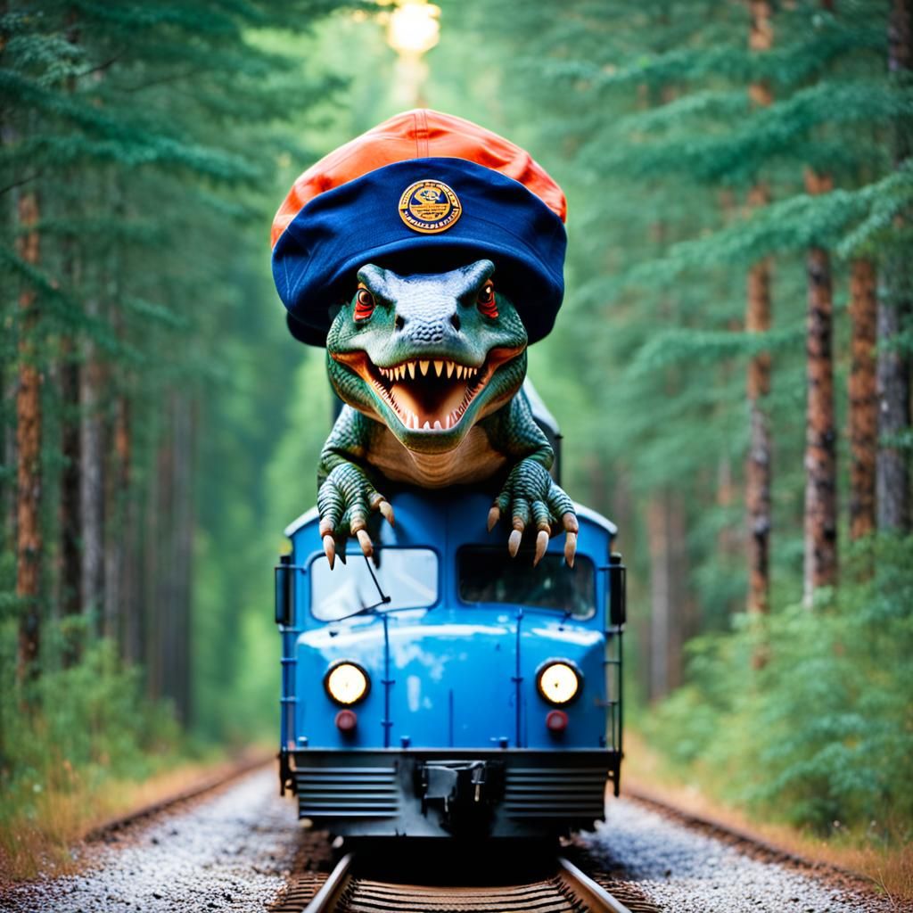 Punk Rock Dinosaur Drives Train: Vibrant Photography