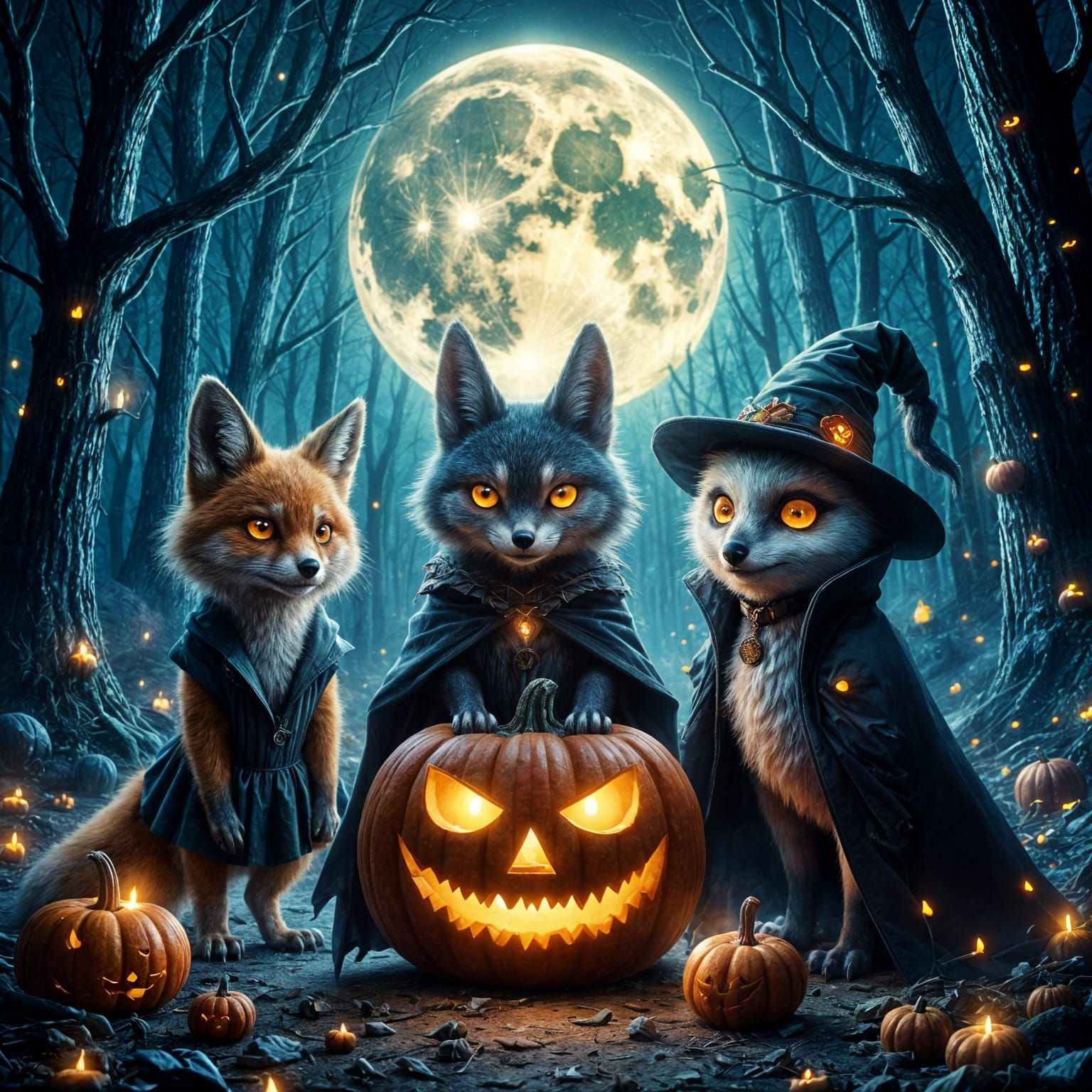Forest Animals in Halloween Costumes Under Full Moon
