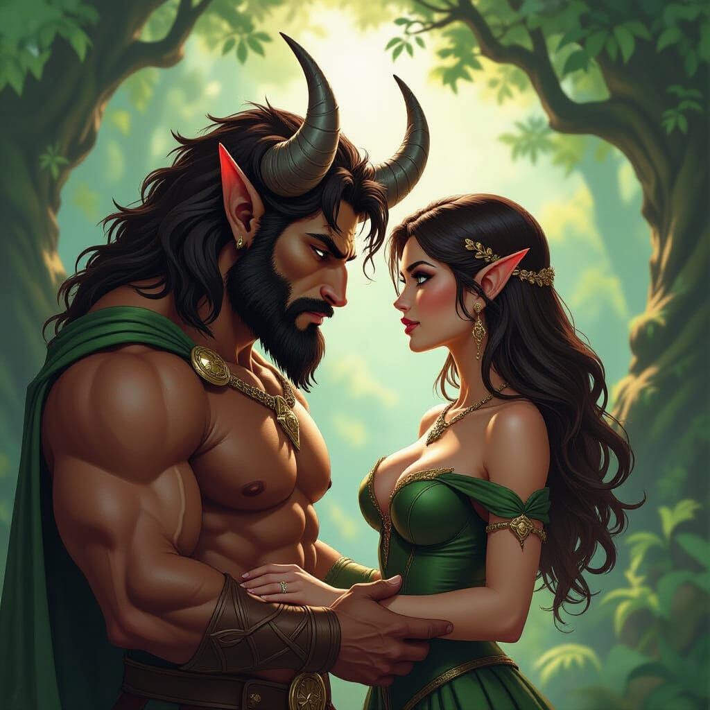Minotaur and Elf Embrace in Frank Cho Style