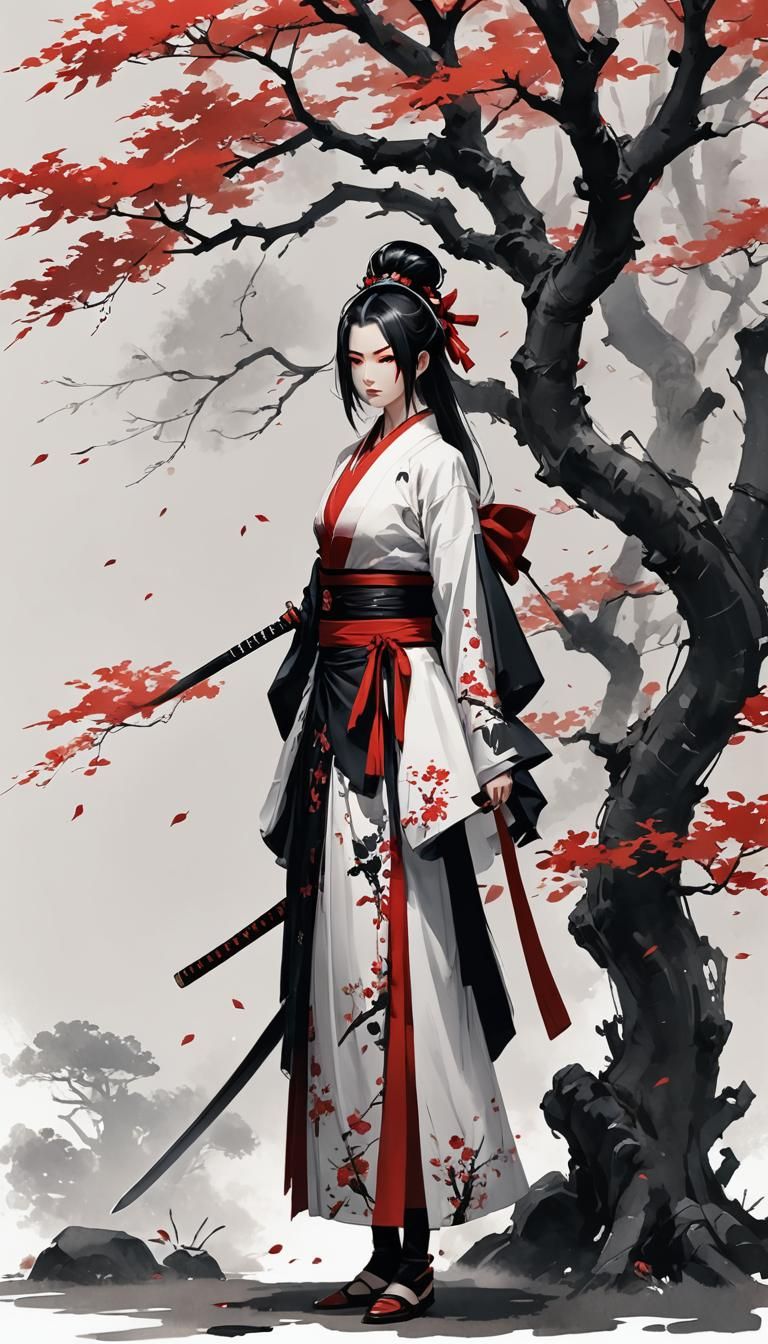 Minimalist Ink Painting of Female Assassin with Katana