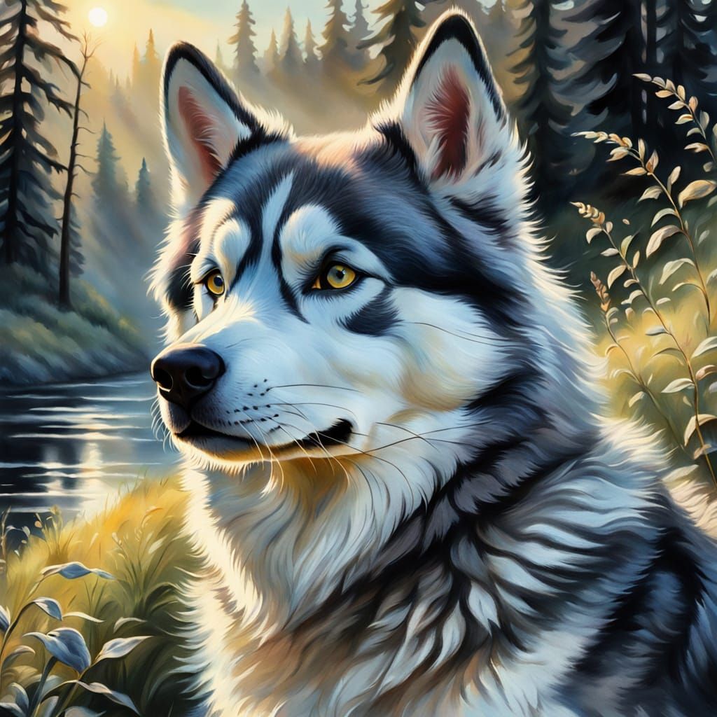 Husky in Summer: Ethereal Gouache Fantasy Drawing