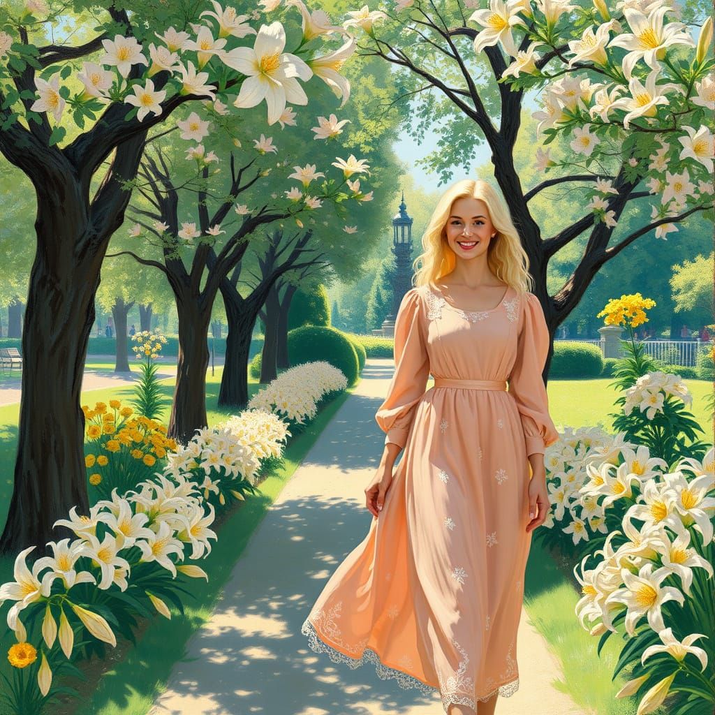 Elegant Blonde Woman Strolls in a Serene Garden