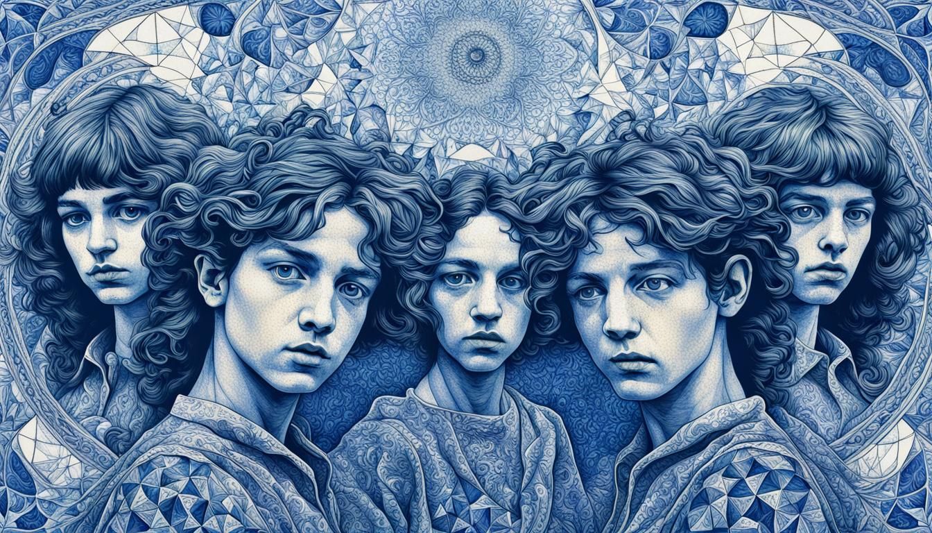 Surreal Scene in Delft Blue with Fractal Patterns