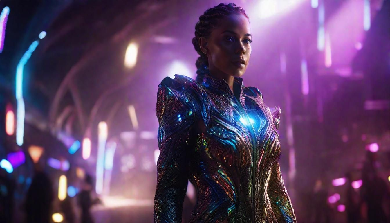 Woman Emerging into Light in Neon Noir Style