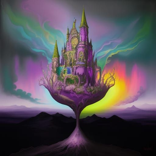 Surreal Castle Frankula Tranqula in Vibrant Purple and Green...