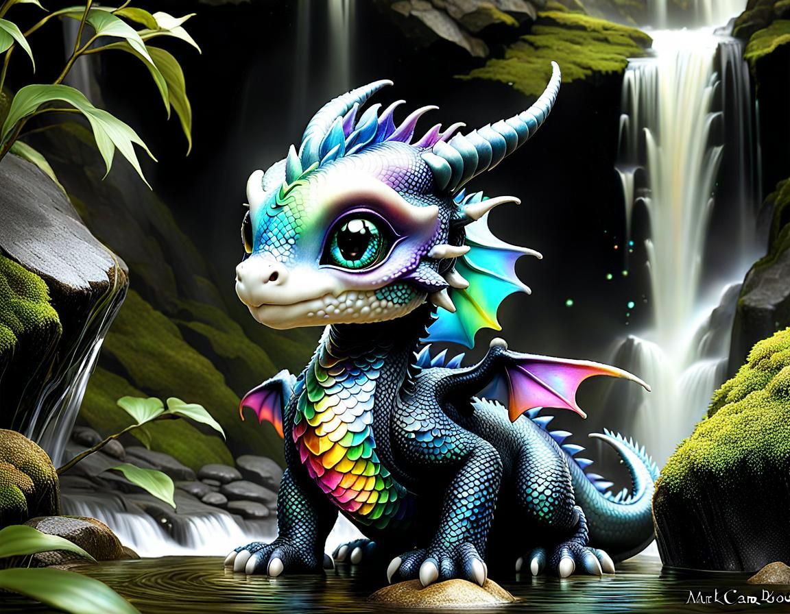 Iridescent Baby Dragon Playing Under Waterfall