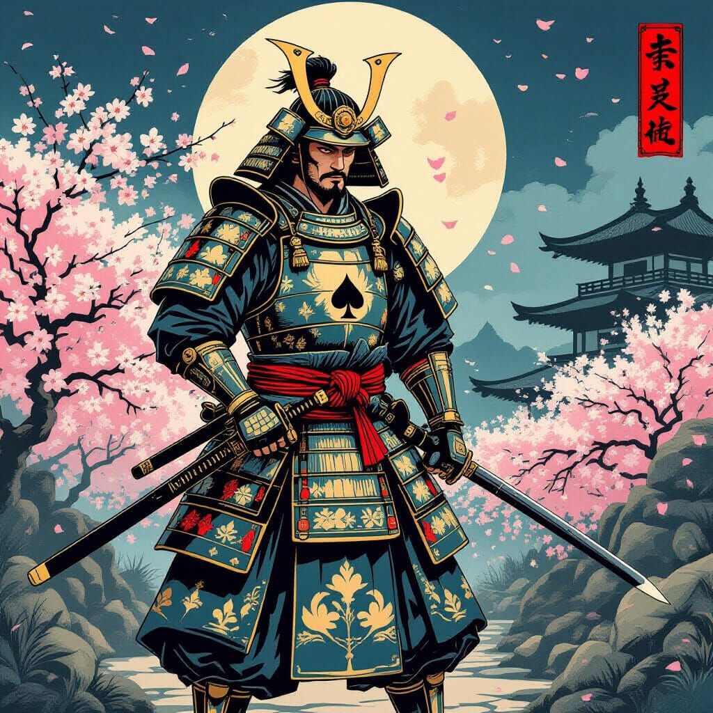 Samurai King of Spades in Moonlit Cherry Blossom Garden