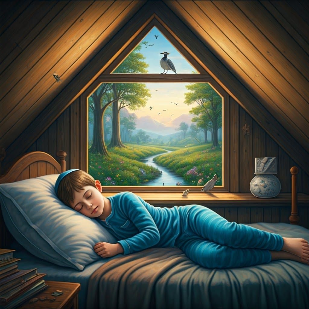 Serene Orthodox Boy in Cozy Attic Bedroom with Dreamlike Lan...
