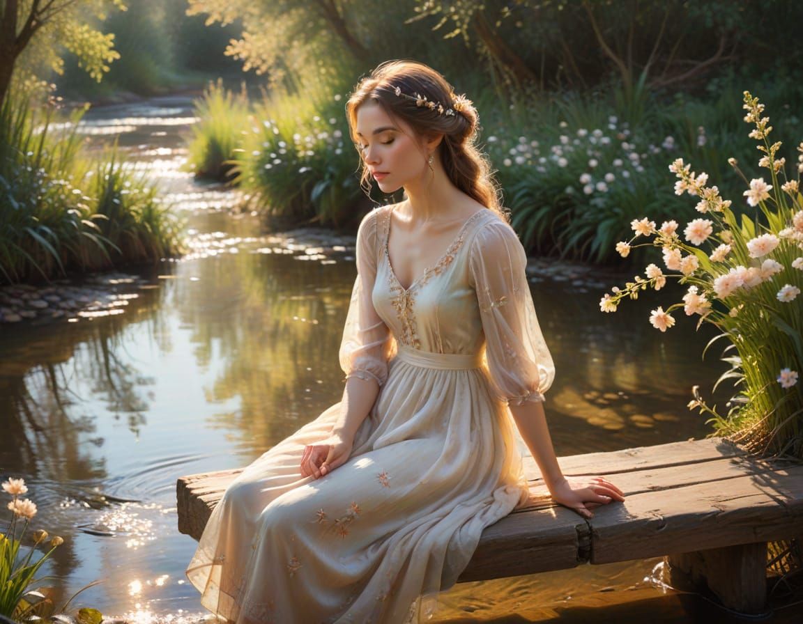 Dreamy Impressionist Woman by Stream in Pastel Colors