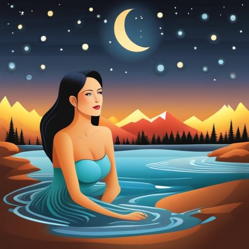 Woman Bathes in Forest River Under Starry Sky