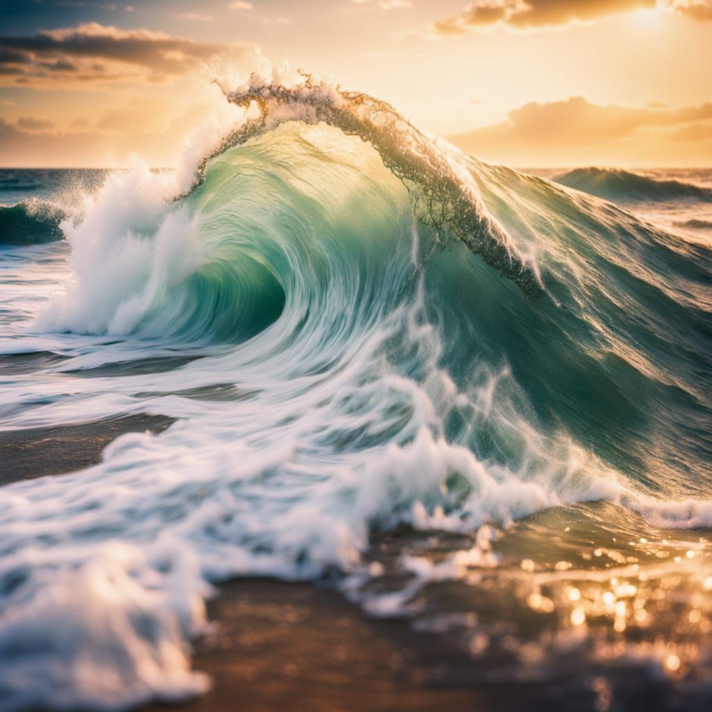 Vibrant Impressionist Ocean Wave in Soft Golden Light