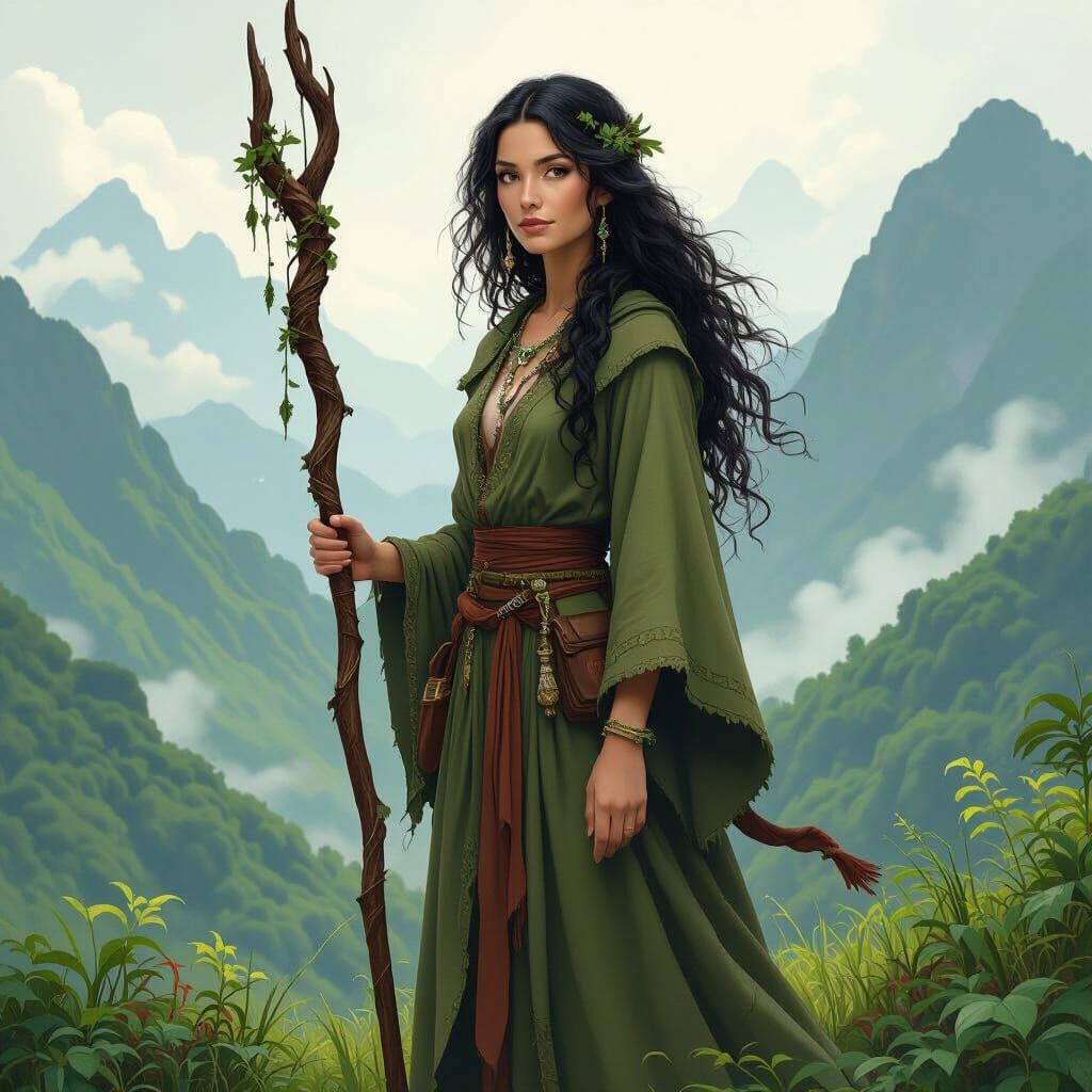 Druid Lady in Green Mountains, Mystical Art