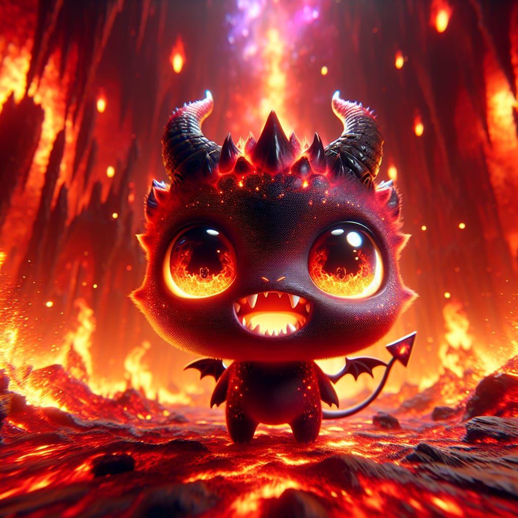 Adorable Chibi Demon Roaring in a Fiery Cavern