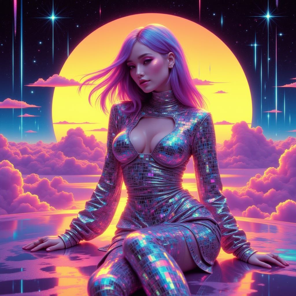 Holographic Woman in 80s Retro Futurism Sunset