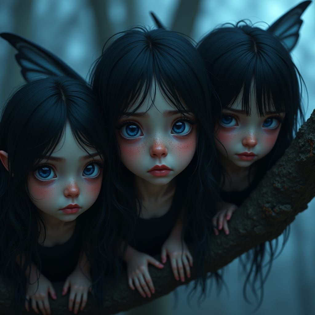 Hyper-Realistic Pixie Fairy Sisters on a Gnarled Tree Limb