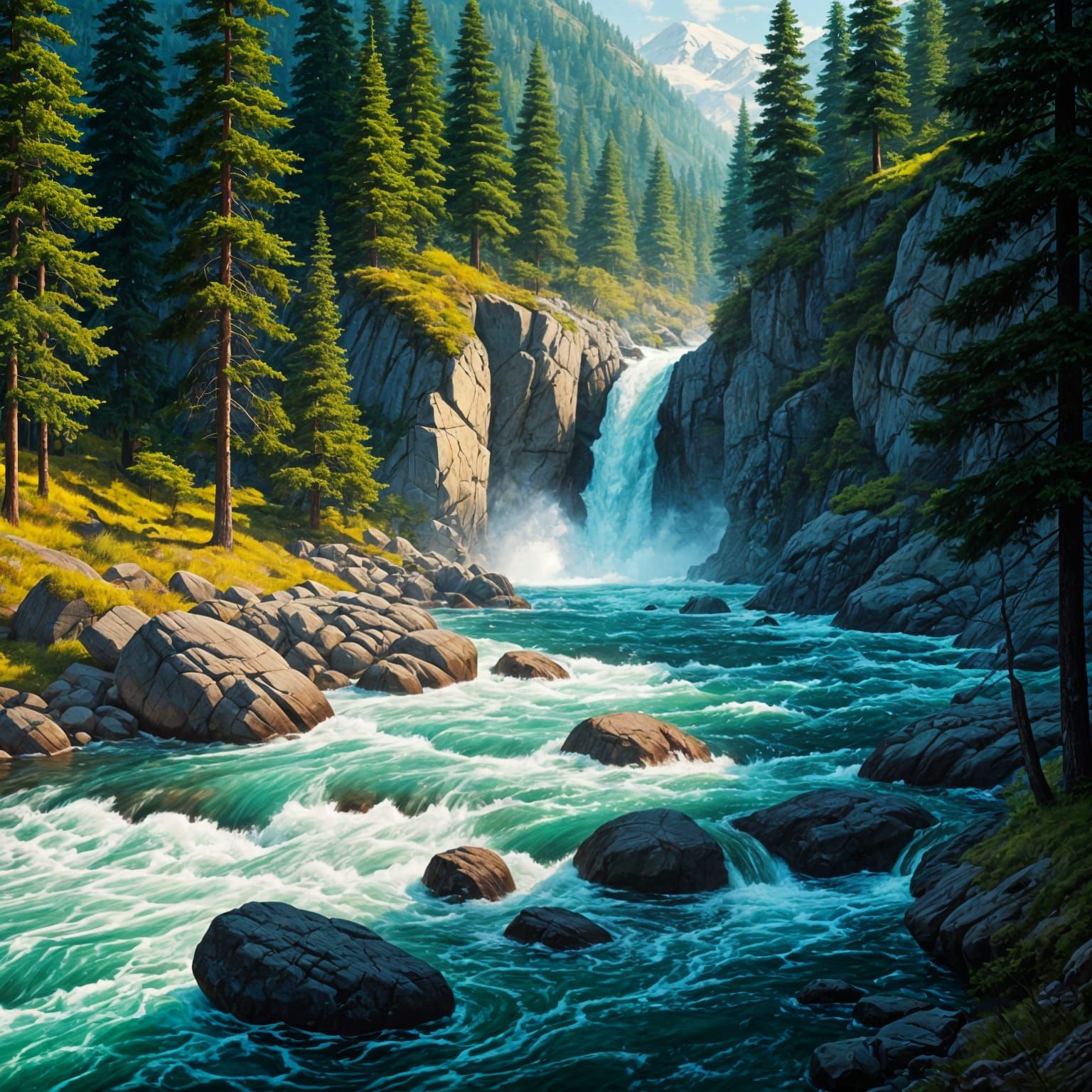 Turbulent Mountain River, Surrounded by Rocks and Pines, wit...