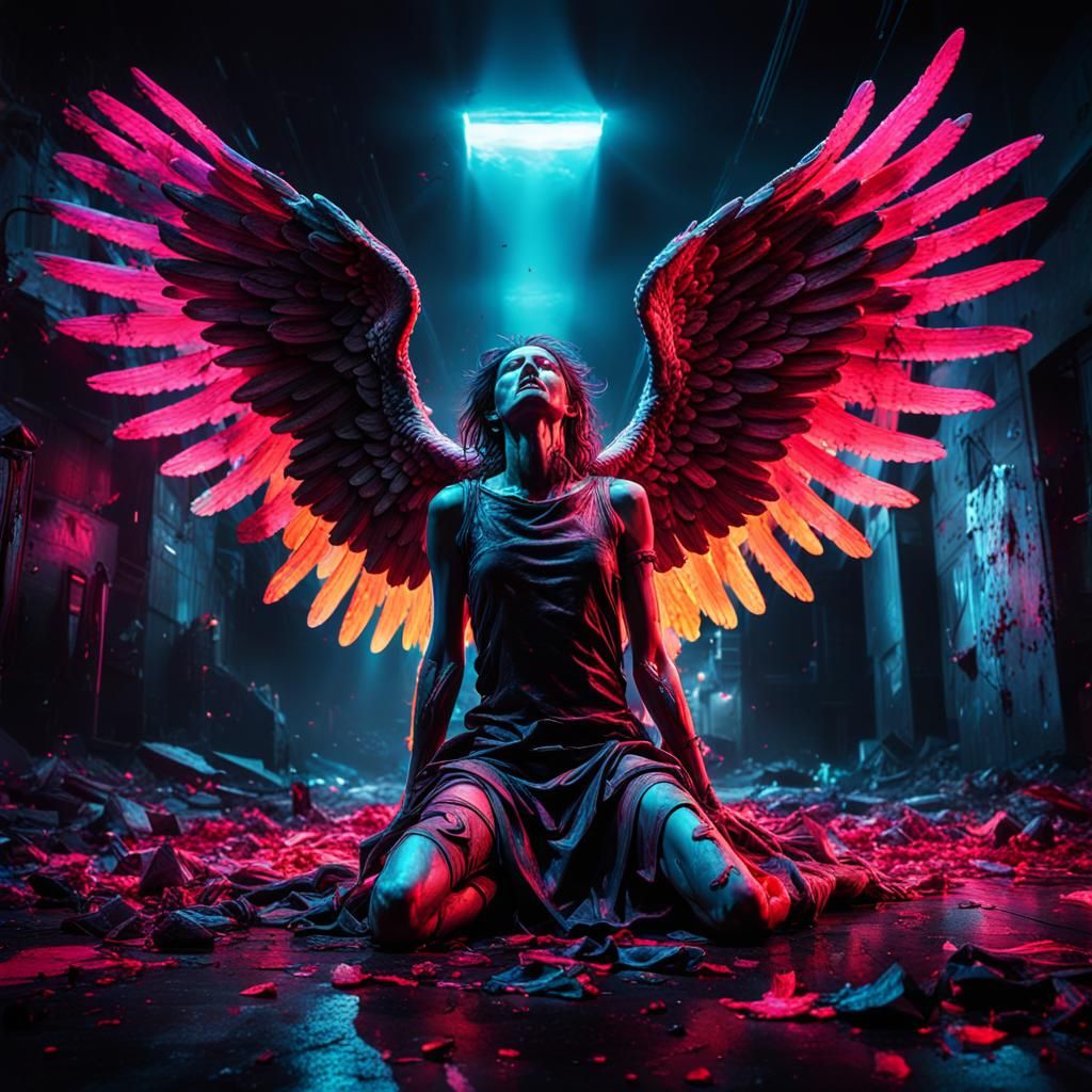 Neon Fallen Angel in Editorial Photo Style
