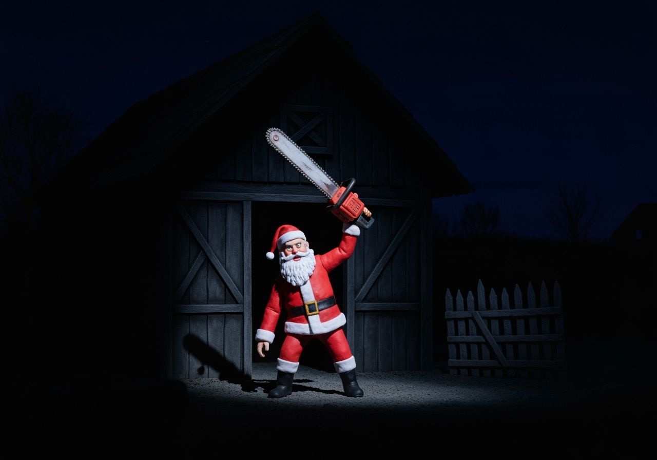 Creepy Claymation Santa With Chainsaw Emerges From Barn