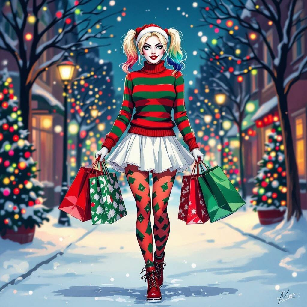 Harley Quinn Christmas Shopping in Pop Surrealist Style