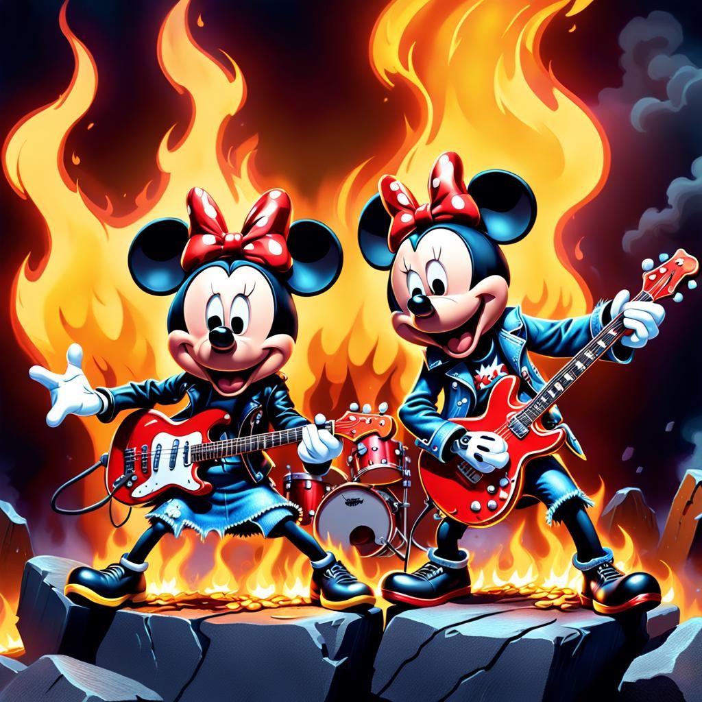 Mickey and Minnie Mouse Rock Band in Pop Art Style