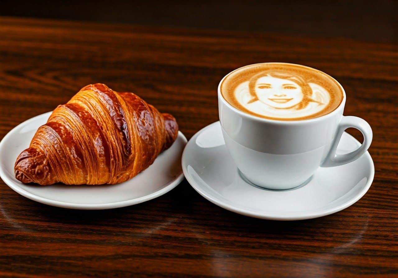 Latte Art Portrait with Croissant