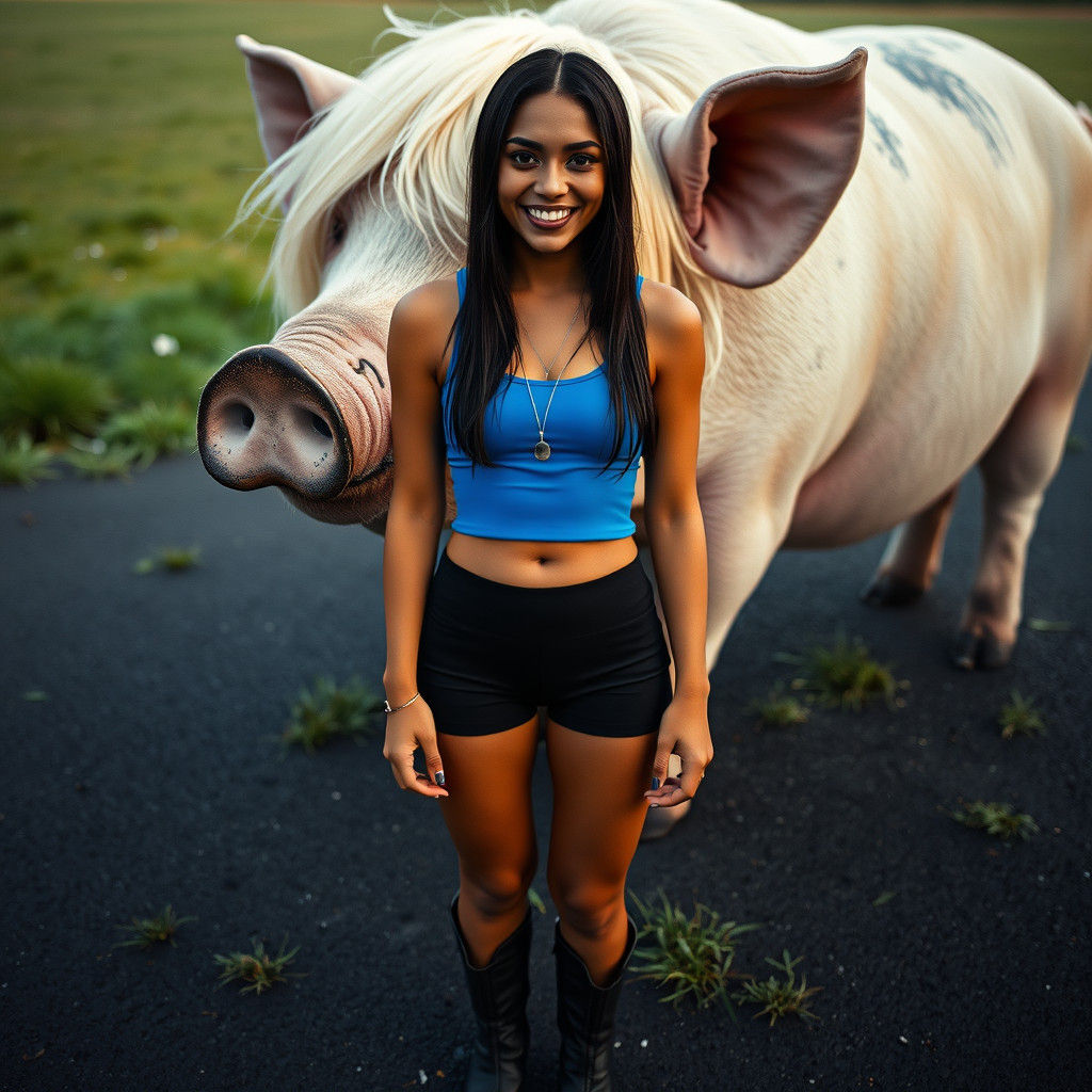 Woman With Giant Pig Wearing Blonde Wig