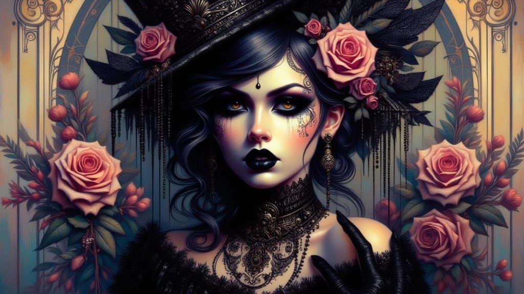 Gothic Fashion Portrait: Busty Woman in Dramatic Lighting