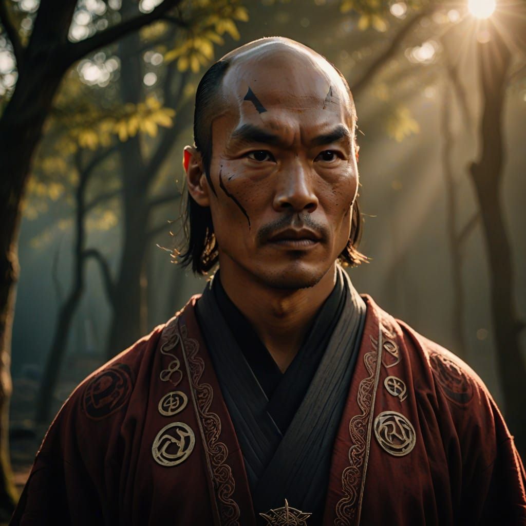 Cinematic Film Still of a Bald Warrior