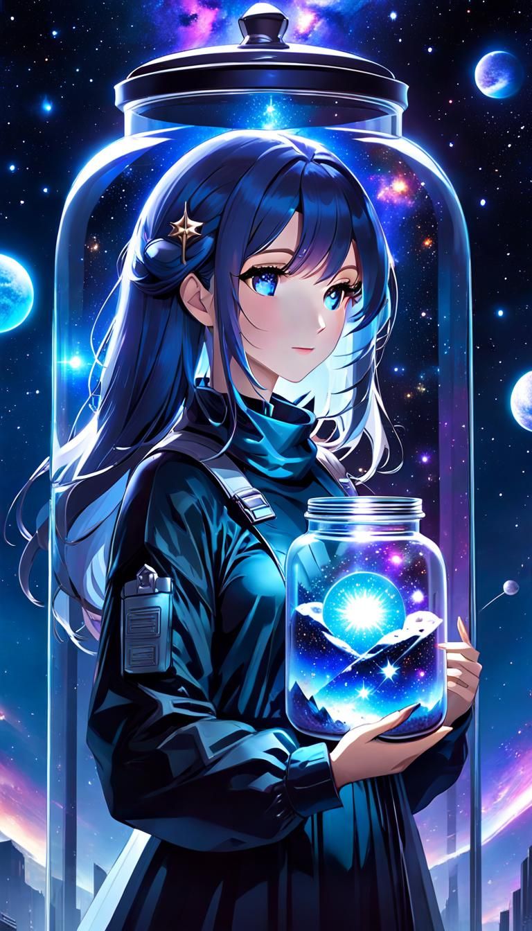 Anime Girl Holds Universe in Glass Jar