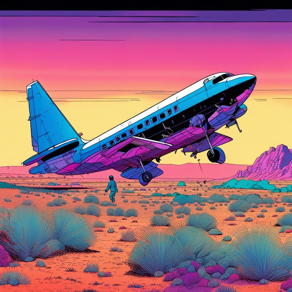 Plane Crash in Desert Grassland, Moebius Style