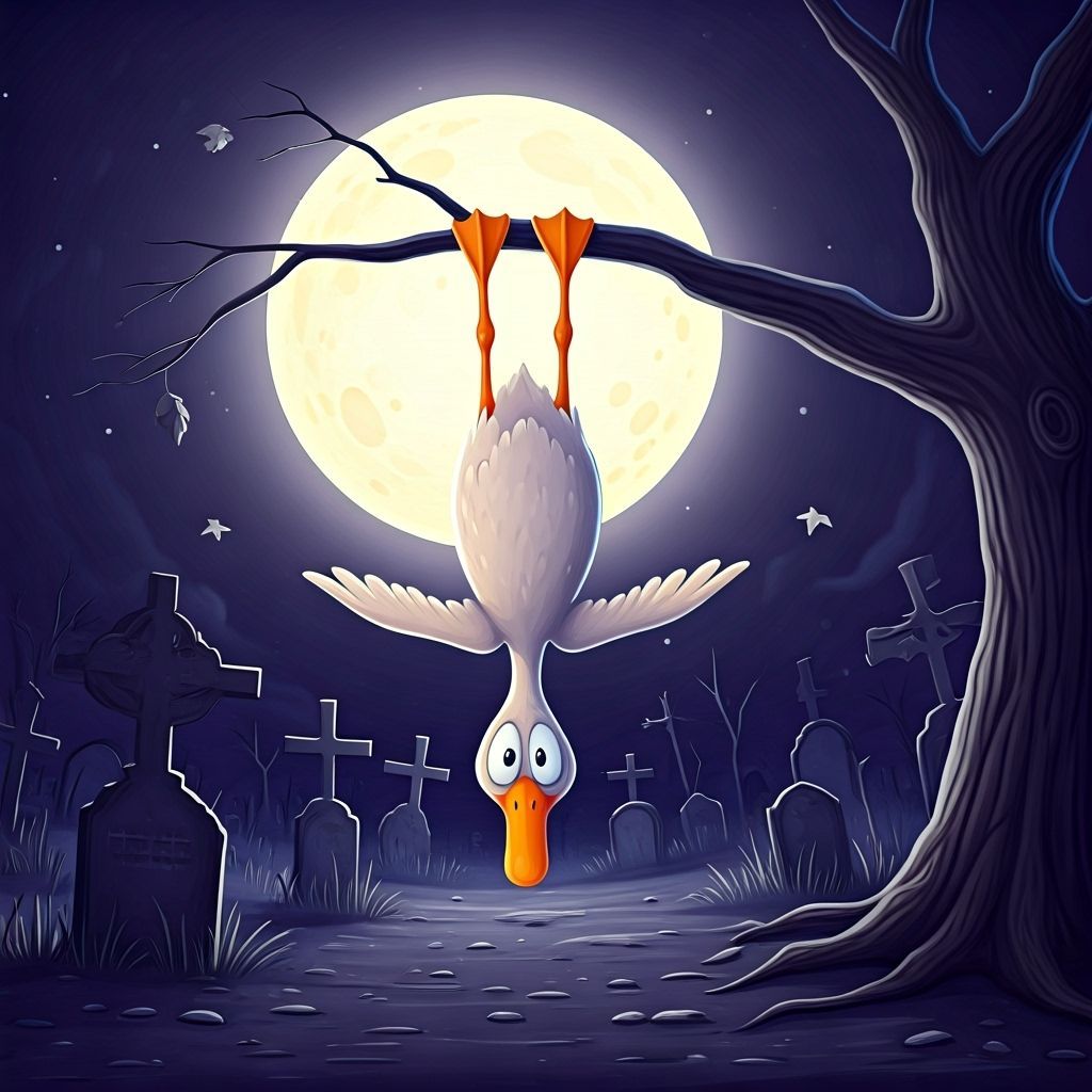 Cartoon Duck in Cemetery Under Full Moon