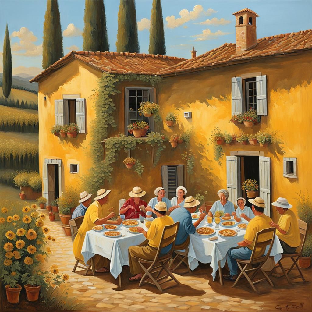 Tuscan Family Dinner in Acrylic Art Style