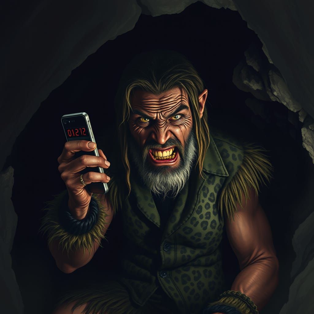 Caveman with Smartphone, Inspired by Frazetta